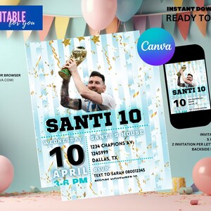 Messi Argentina Birthday Invitation Editable, Argentina and Messi World Cup Editable Invite