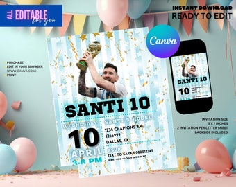 Invitación de cumpleaños editable de Messi Argentina, invitación editable de Argentina y Messi para la Copa del Mundo