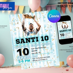 Messi Birthday Invitation Editable, Argentina and Messi World Cup Editable Invite
