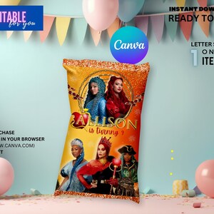 May include: A printable chip bag design featuring the characters from the Disney movie Descendants. The bag is yellow with gold glitter and features the text "Ballison is turning 9".