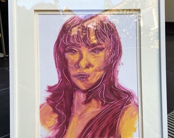 May include: A framed painting of a woman's portrait. The woman has long, dark hair and is wearing a pink and yellow dress. The painting is done in a stylized, abstract style.