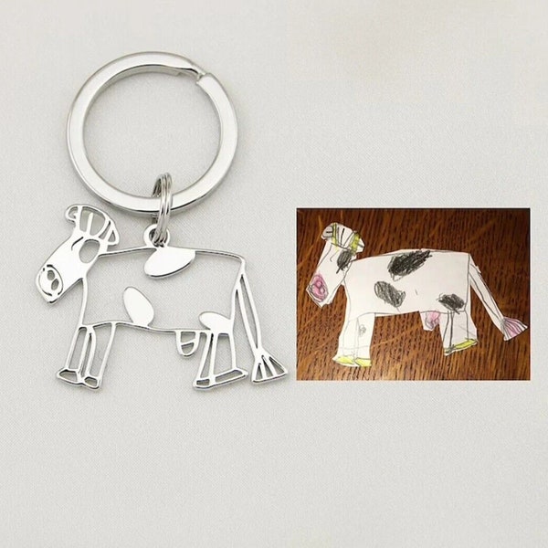 Personalised Kids Drawing Keyring - Your Childs Drawing Made Into a Keyring - Stainless Steel Unique Custom Gift Present - Gold or Silver