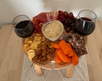 Handmade Wooden Folding Charcuterie Board / Outdoor Picnic Table with Four Wine Glass / Champagne Flute Slots