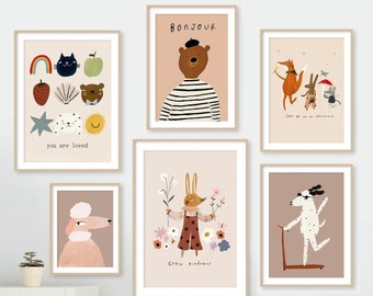 Cozy Neutral Nursery and Kids' Room Poster Set: Cute Animal Friends Collection