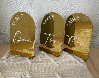 Gold Mirrored Free Standing Table Numbers with White Writing - Elegant Wedding Table Numbers