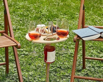 Handcrafted Wooden MDF Portable Folding Wine and Charcuterie Table - with Wine glass / Champagne flute holder and bottle holder