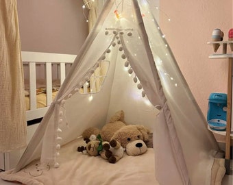 Tente tipi magique pour enfants - Jaune moutarde ou blanc avec pompons, maison de jeu intérieure/extérieure, montage facile, parfaite pour une soirée pyjama et un cadeau