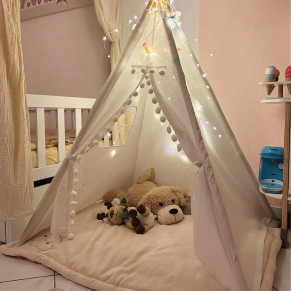 Tente tipi magique pour enfants - Jaune moutarde ou blanc avec pompons, maison de jeu intérieure/extérieure, montage facile, parfaite pour une soirée pyjama et un cadeau