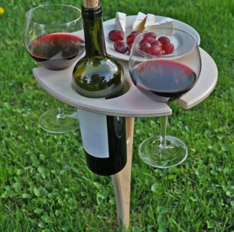 Handcrafted Wooden MDF Portable Folding Wine and Charcuterie Table with Wine glass / Champagne flute holder and bottle holder image 8