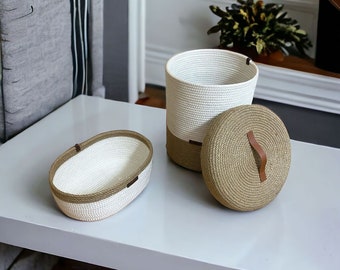 HOME DESIGN Two-piece Wicker Basket, Jute Basket, Wicker Basket Made of 100% Natural, Multi-purpose Decorative Wicker Basket, Organizer