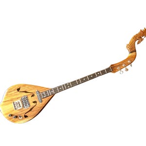 Puede incluir: Instrumento de cuerda de madera con un diseño curvo único. El cuerpo tiene un acabado marrón claro con cortes decorativos. El mástil presenta trastes y clavijas de afinación, y el clavijero está intrincadamente tallado.