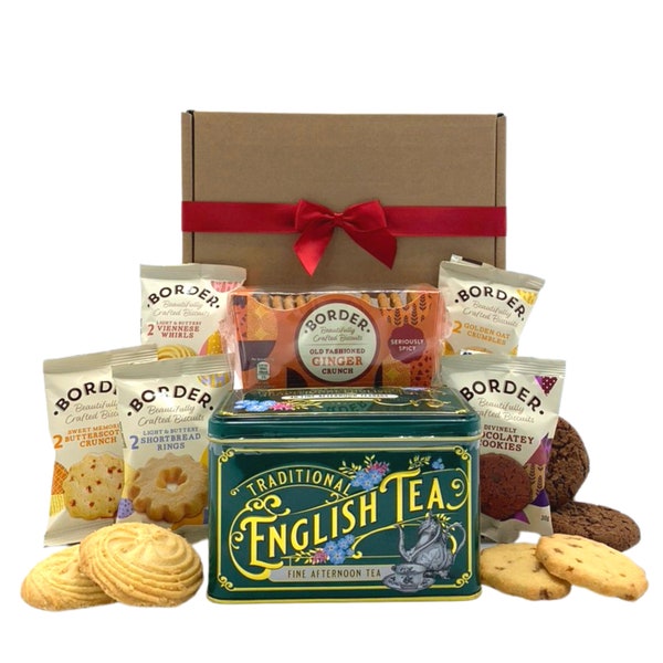 Border Biscuits Gift Set Afternoon Tea Hamper - Border Ginger Crunch, Afternoon Teabags in a Luxury Tin (40 Teabags) and x10 Border Biscuits