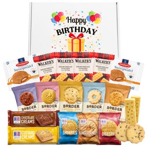 May include: A birthday gift box filled with a selection of biscuits. The box features a 'Happy Birthday' message and is packed with shortbread fingers, stroopwafels, and other treats. A perfect gift for any biscuit lover.