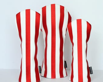 Crimson Embroidered and White Striped Golf Headcovers - Driver, Fairway Wood, Hybrid