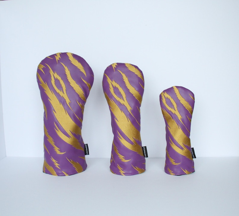 Purple and Gold Embroidered Tiger Stripe Golf Headcovers - Driver, Fairway Wood, Hybrid image 2