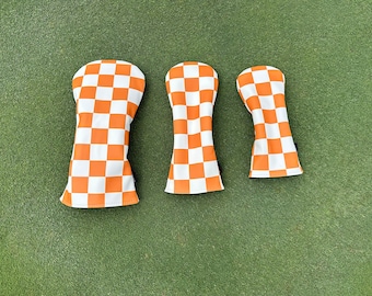 Tennessee Golf Club Headcovers, Driver, Fairway Wood, Hybrid, Vols, Tennessee Volunteers, GBO, Orange and White Checkerboard