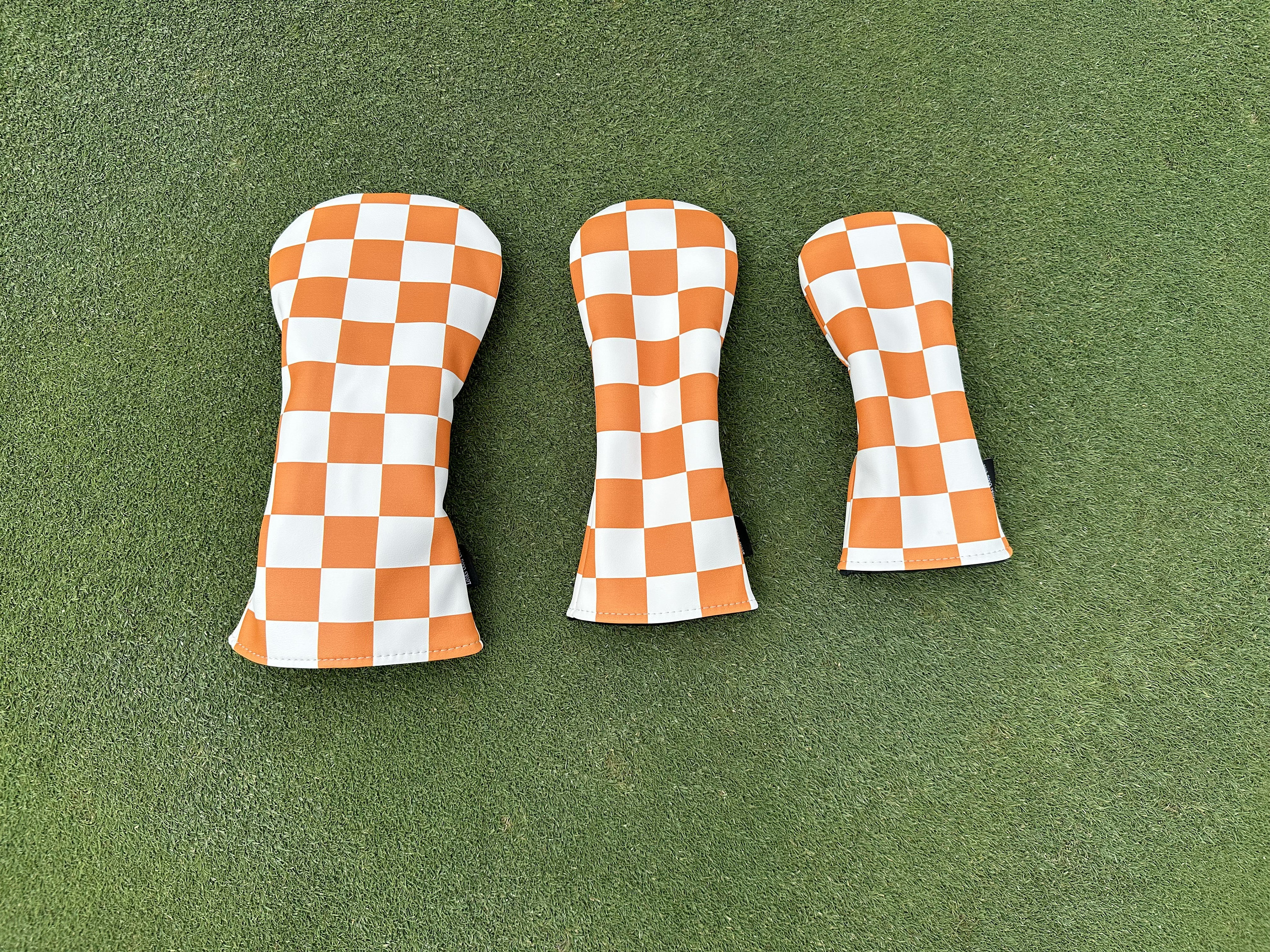 Door fans geïnspireerde headcovers voor golf: oranje en wit dambord, driver, fairwayhout, hybride