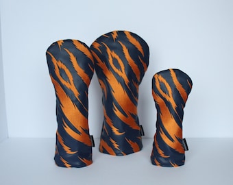 Navy and Orange Embroidered Tiger Striped Golf Headcovers - Driver, Fairway Wood, Hybrid