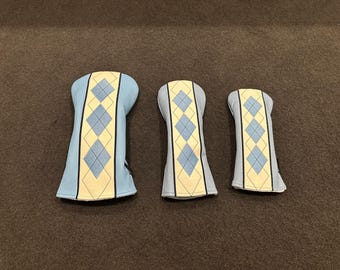 Door fans geïnspireerde headcovers voor golf, Carolina-blauw, ruitvormig argylepatroon, driver, fairwayhout, hybride