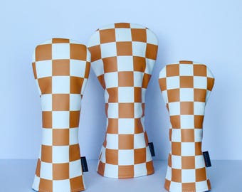 White and Orange Checkerboard Golf Headcovers - Driver, Fairway Wood, Hybrid