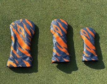 Door fans geïnspireerde headcovers voor golf: marineblauw en oranje borduurwerk, tijgerstrepen, driver, fairwayhout, hybride