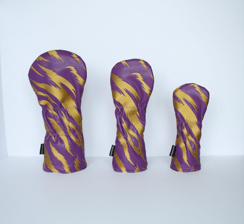 Purple and Gold Embroidered Tiger Stripe Golf Headcovers - Driver, Fairway Wood, Hybrid image 3
