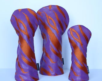 Purple and Orange Embroidered Tiger Stripe Golf Headcovers – Driver, Fairway Wood, Hybrid
