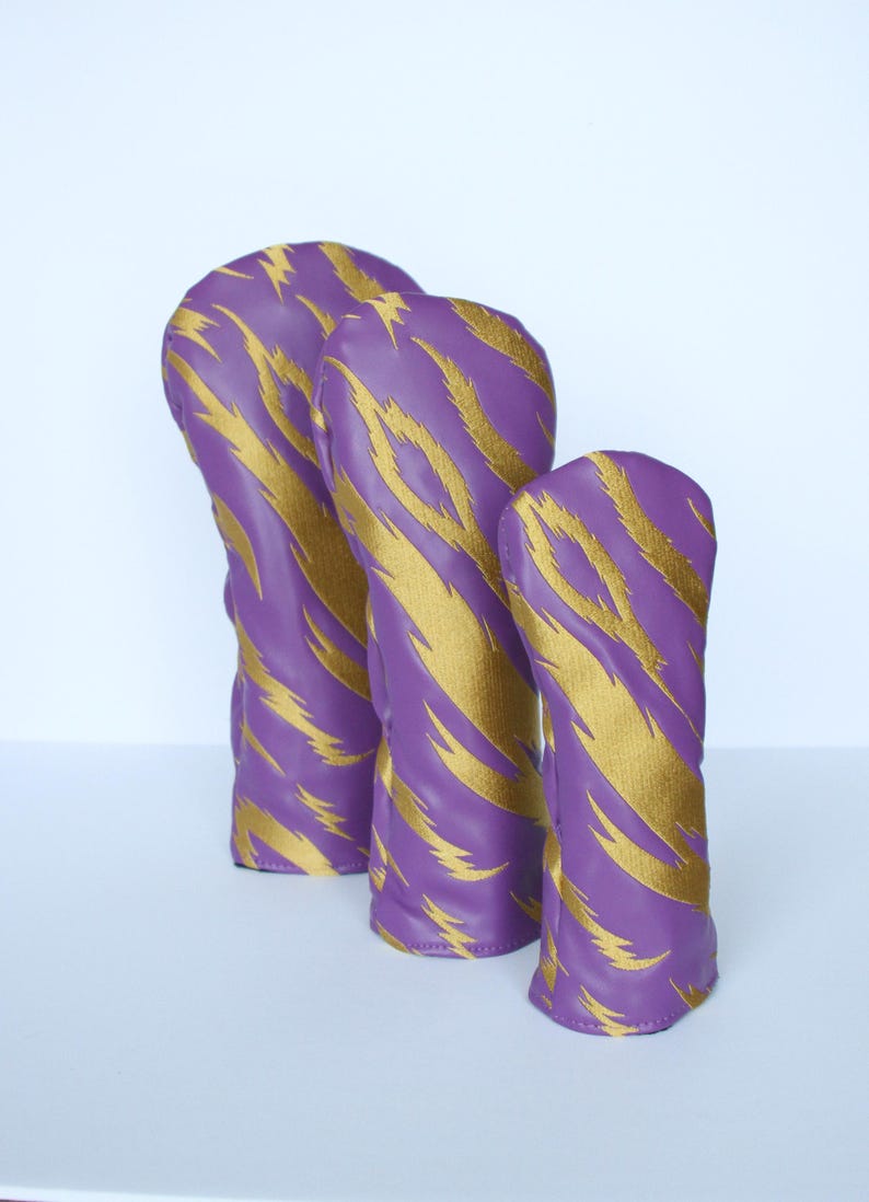 Purple and Gold Embroidered Tiger Stripe Golf Headcovers - Driver, Fairway Wood, Hybrid image 10
