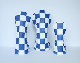Blue and White Checkerboard Golf Headcovers - Driver, Fairway Wood, Hybrid