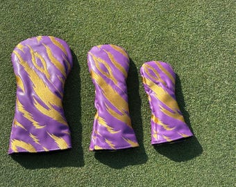Door fans geïnspireerde headcovers voor golf: paars en goud geborduurd, tijgerstrepen, driver, fairwayhout, hybride