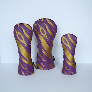 Purple and Gold Embroidered Tiger Stripe Golf Headcovers - Driver, Fairway Wood, Hybrid image 1