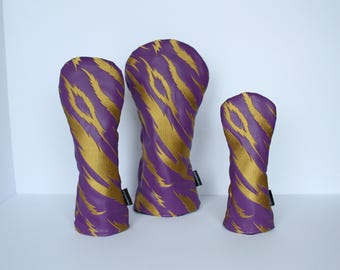 Purple and Gold Embroidered Tiger Stripe Golf Headcovers - Driver, Fairway Wood, Hybrid