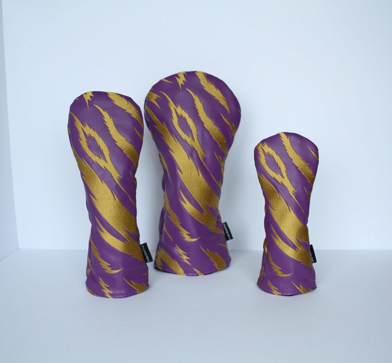 Purple and Gold Embroidered Tiger Stripe Golf Headcovers - Driver, Fairway Wood, Hybrid image 1