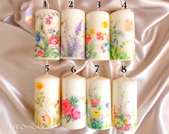 Hand painted flower pillar candles, Cute floral candles, Wedding gift candle, Housewarming gift, Summer candle, Remembrence candle