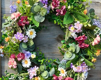 Couronne de porte printemps été, couronne de fleurs sauvages pour porte d'entrée, couronne de printemps faite main, couronne extérieure de fleurs de marguerite artificielles, décoration de mariage