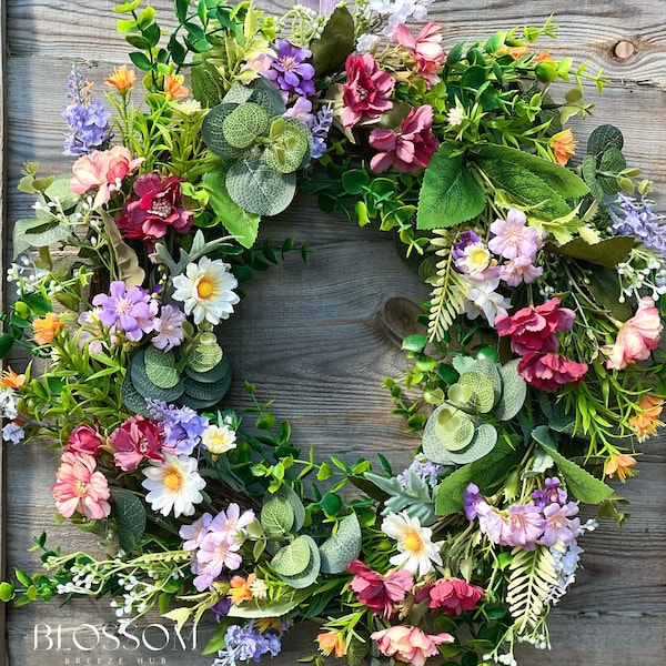 Spring summer door wreath, Wildflower wreath for front door, Handmade spring wreath, Artificial daisys flowers outdoor wreath, Wedding decor