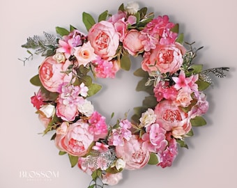 Couronne de porte pivoine rose printemps été, couronne de printemps faite main, couronne extérieure de pivoine artificielle, décoration de mariage, couronne pour la porte d'entrée