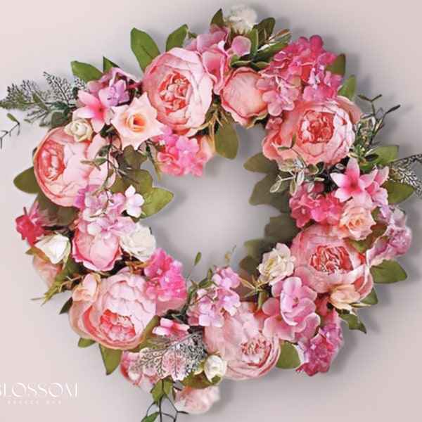 Spring summer pink peony door wreath, Handmade spring wreath, Artificial peony outdoor wreath, Wedding decor, Wreath for the front door