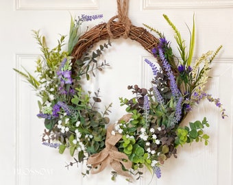 Eucalyptus lavender wreath for front door, Spring summer door wreath, All season wreath, Handmade spring wreath, Wall decor, Gift for her