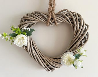 Willow heart shaped wreath for front door, Spring summer white peony & roses door wreath, Mother&#39;s day wreaths door decor, Easter home decor