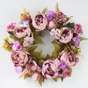 Pink peony wreath for front door, Spring summer door wreath, Handmade spring wreath, Artificial peony outdoor wreath, Wedding decor Purple