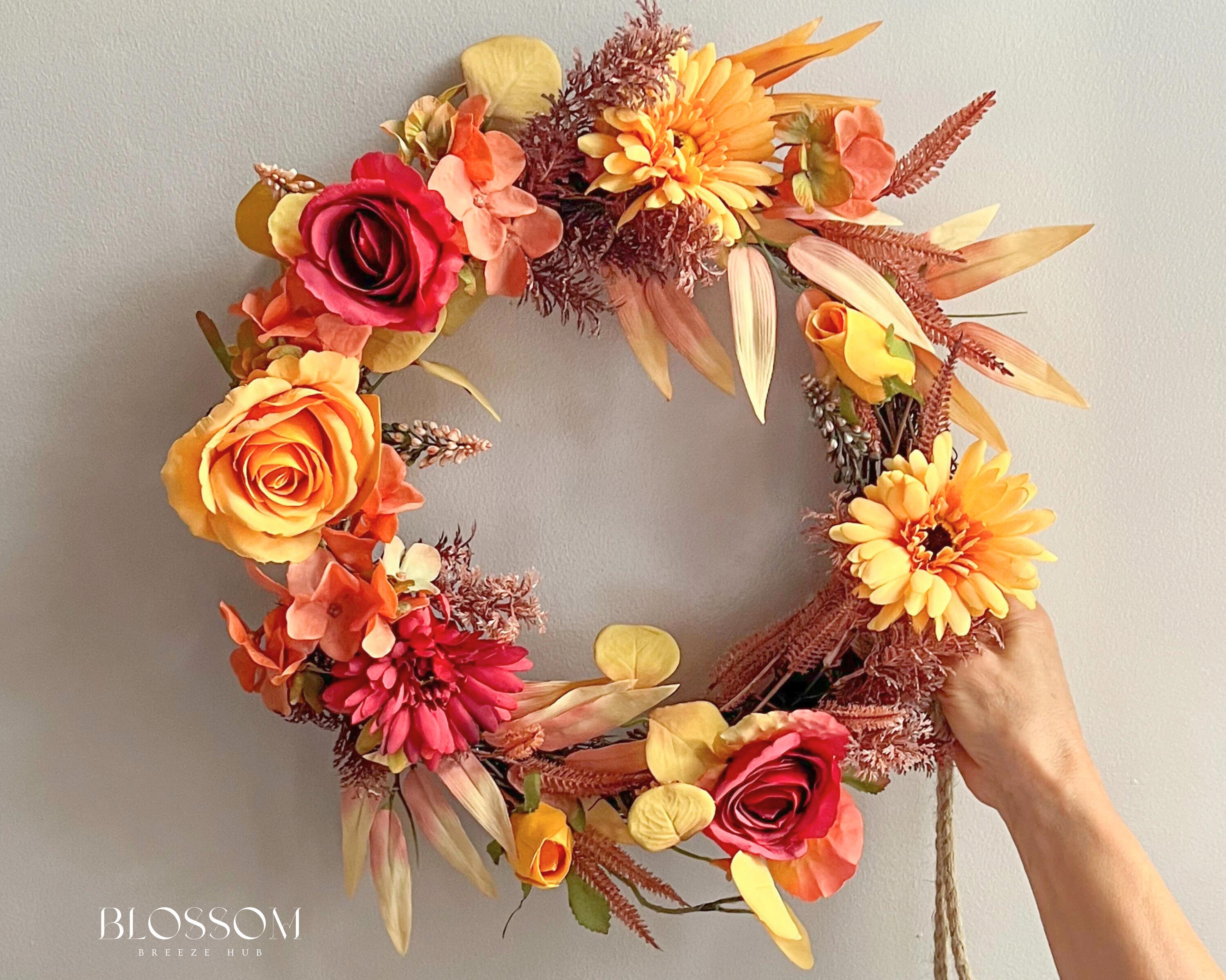 Colorful autumn front door wreath, Handmade fall door wreath, Farmhouse artificial outdoor wreath, Wedding decor, Front door hanging