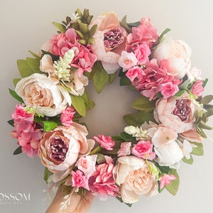 Pink peony wreath for front door, Spring summer door wreath, Handmade spring wreath, Artificial peony outdoor wreath, Wedding decor Light pink