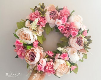 Couronne de pivoines roses pour porte d'entrée, couronne de porte printemps été, couronne de printemps faite main, couronne extérieure de pivoines artificielles, décoration de mariage