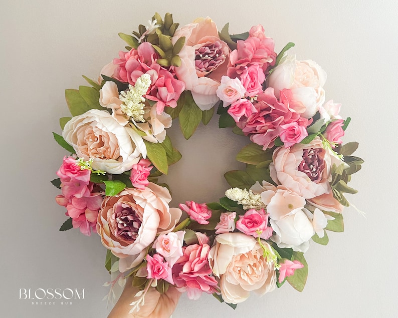 Couronne de pivoines roses pour porte d'entrée, couronne de porte printemps été, couronne de printemps faite main, couronne extérieure de pivoines artificielles, décoration de mariage Light pink