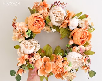 Couronne de porte pivoine orange et crème, couronne de fleurs printemps été, couronnes de Pâques pour porte d'entrée, couronne extérieure de pivoine artificielle, décoration de mariage