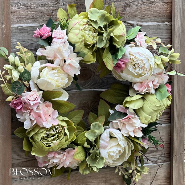 Green peony wreath for front door, Spring summer door wreath, Handmade spring wreath, Artificial peony outdoor wreath, Wedding decor