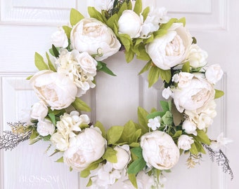 White peony wreath for front door, Spring summer door wreath,Handmade spring wreath,Artificial peony outdoor wreath,Wedding decor,Wall decor