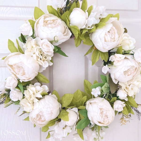 White peony wreath for front door, Spring summer door wreath,Handmade spring wreath,Artificial peony outdoor wreath,Wedding decor,Wall decor