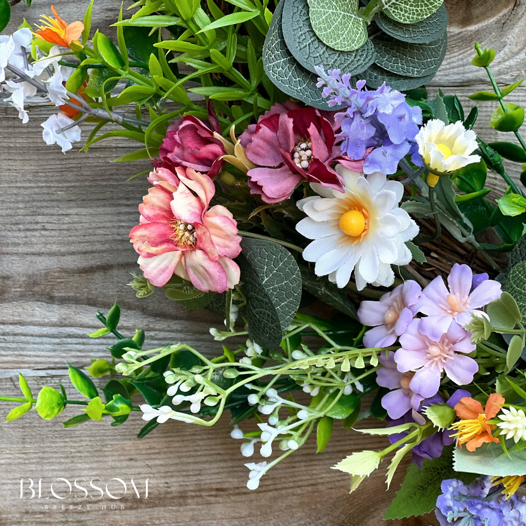 Türkranz Aus Wildblumen – Künstlicher Frühlingskranz, Ca. 45 Cm, Rattankorb Mit Blumen, Für Haustür